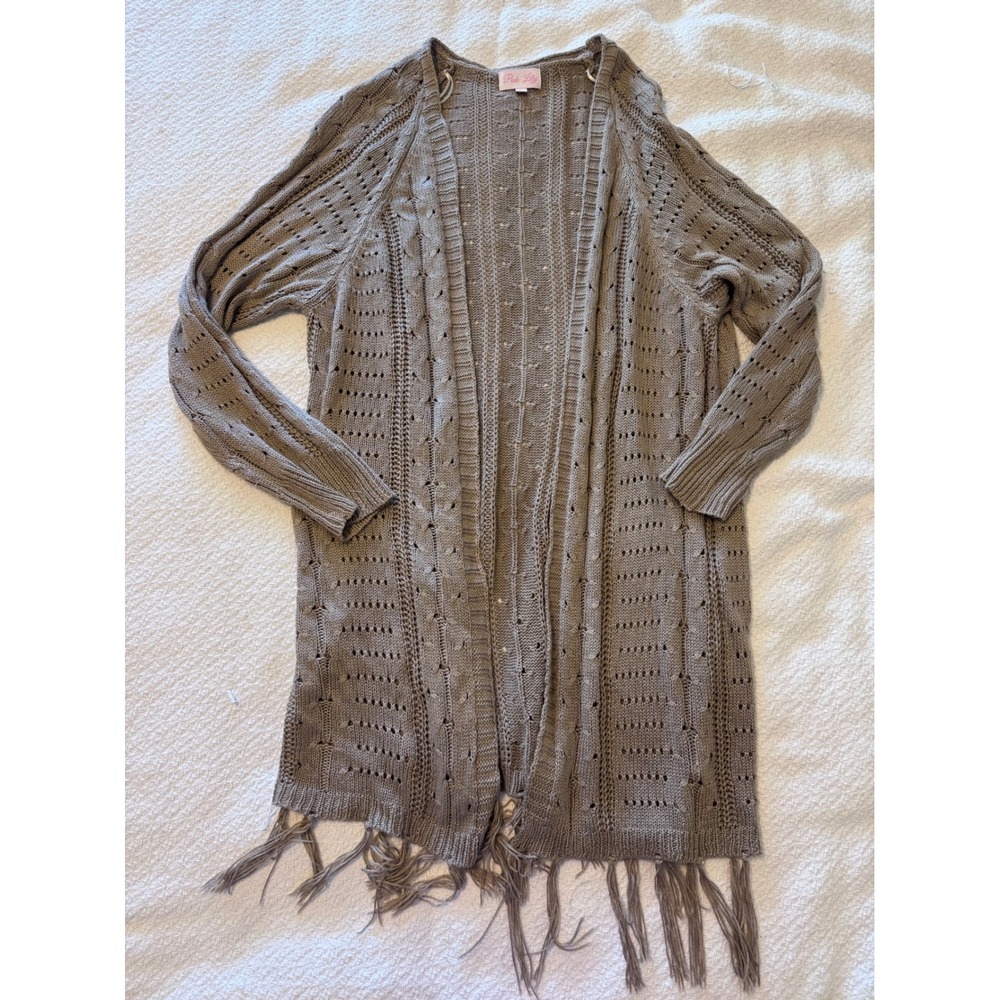 Pink Lily Taupe Brown Pointelle Cable Knit Fringe Hem Open Longline Cardigan S